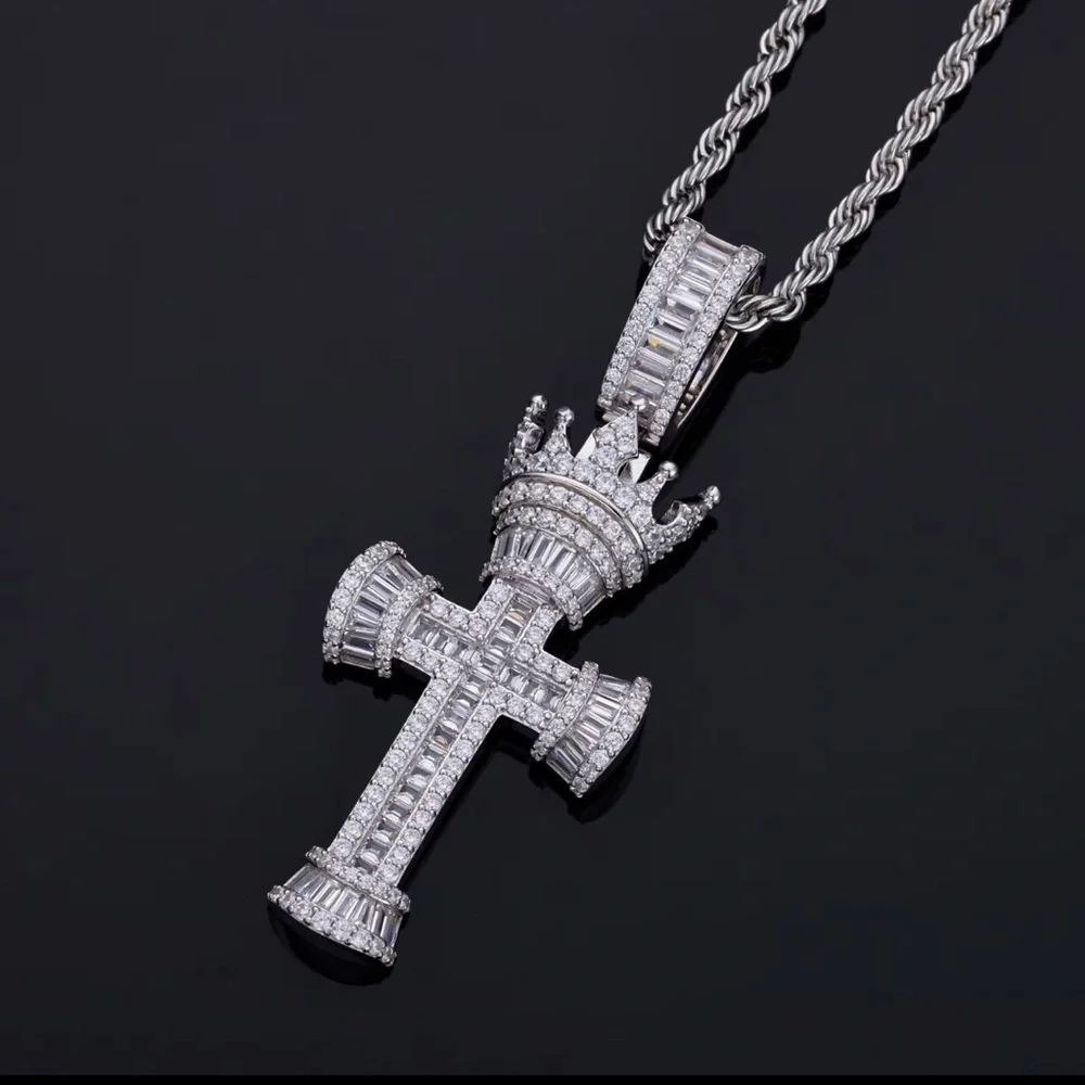 Men's 925 Sterling Silver Crown Cross Pendant 3.80CTW MOISSANITE